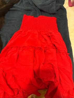 Red Smocked Waist Tiered Maxi Skirt